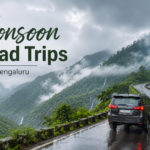 Monsoon road trips from Bengaluru with a self-drive SUV on a scenic Western Ghats road during the rainy season.