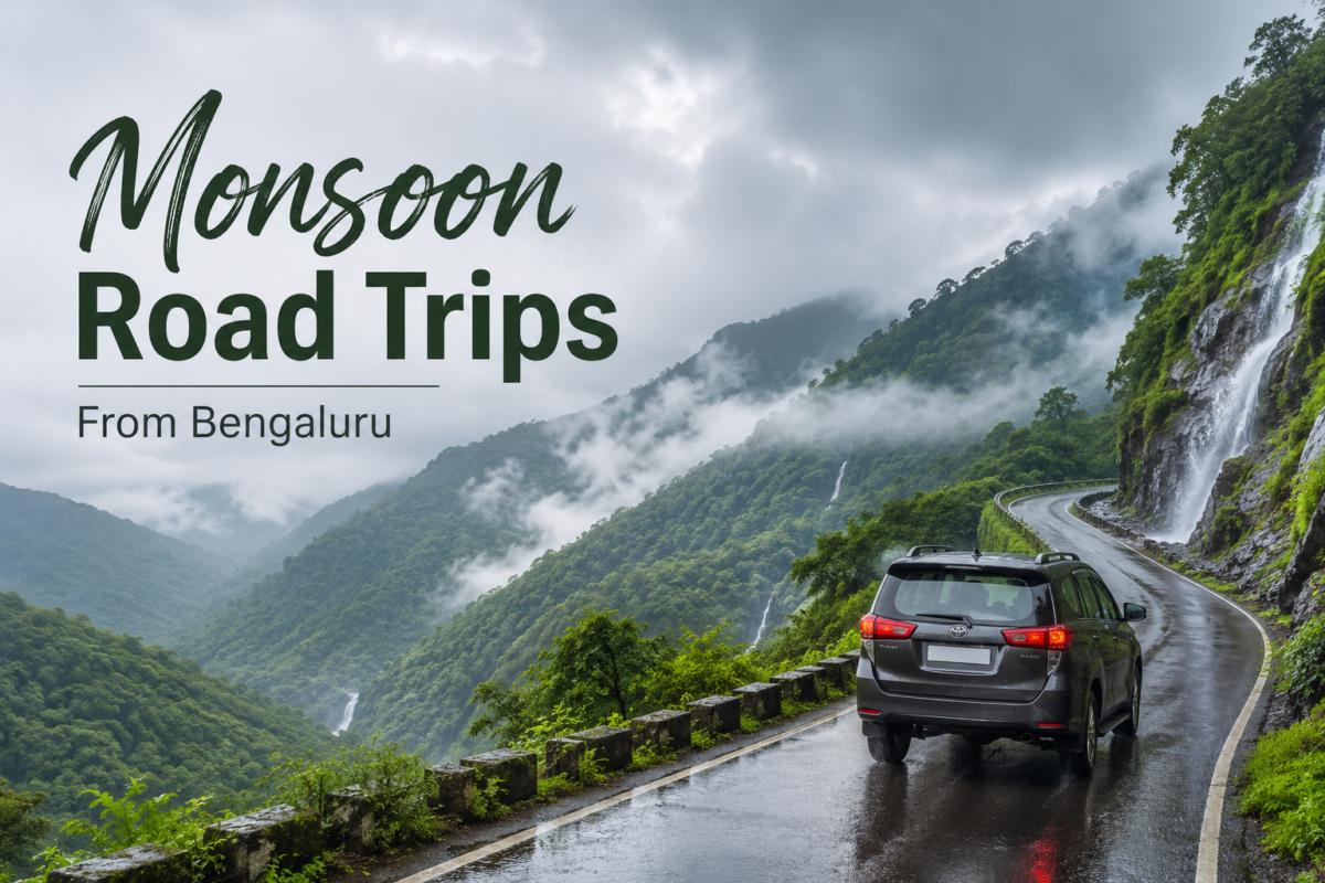 Monsoon road trips from Bengaluru with a self-drive SUV on a scenic Western Ghats road during the rainy season.