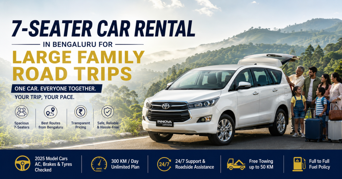 White Toyota Innova Crysta 7-seater parked with a family on a scenic hill road, representing self-drive car rental in Bengaluru for family road trips