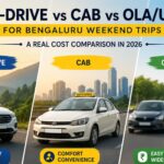 Self-Drive vs Cab vs Ola/Uber for Bengaluru Weekend Trips cost comparison infographic showing self-drive car, cab, and ride-hailing options for 2026.