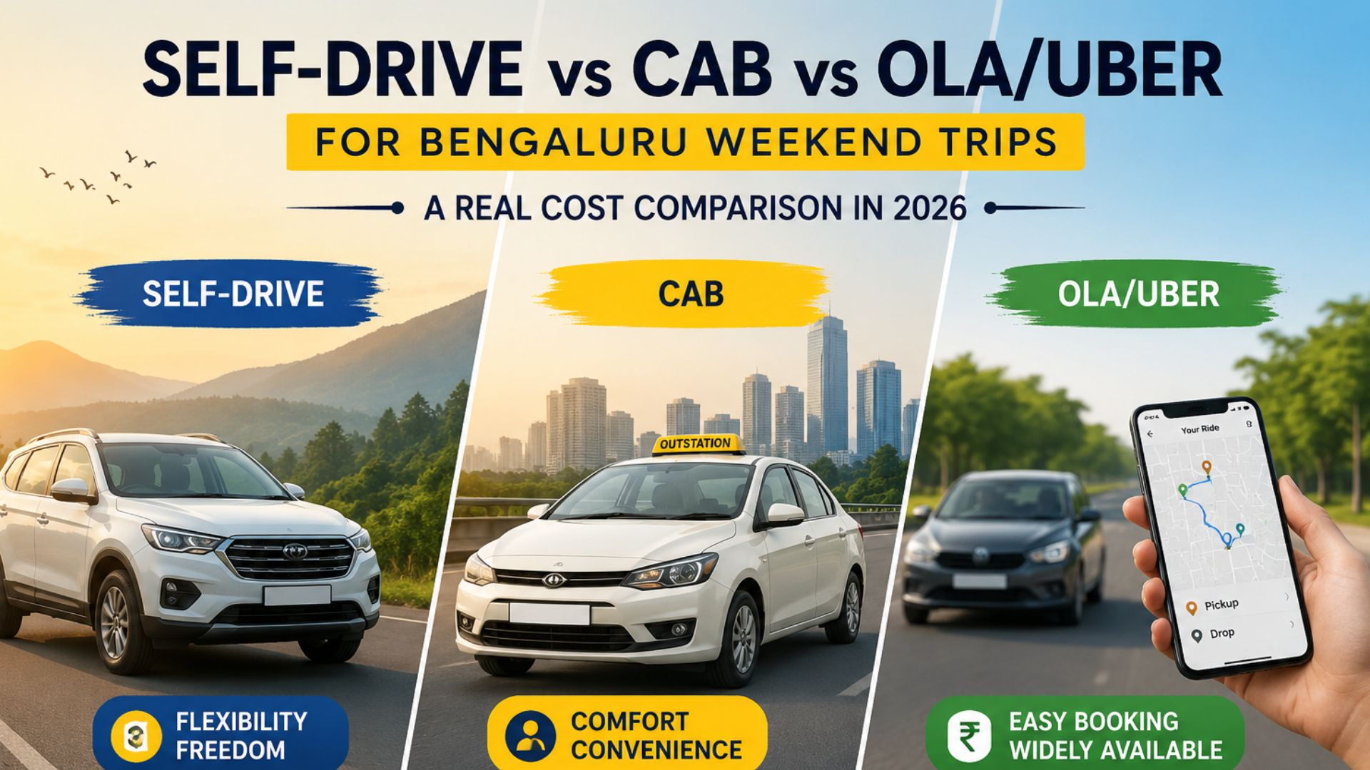 Self-Drive vs Cab vs Ola/Uber for Bengaluru Weekend Trips cost comparison infographic showing self-drive car, cab, and ride-hailing options for 2026.